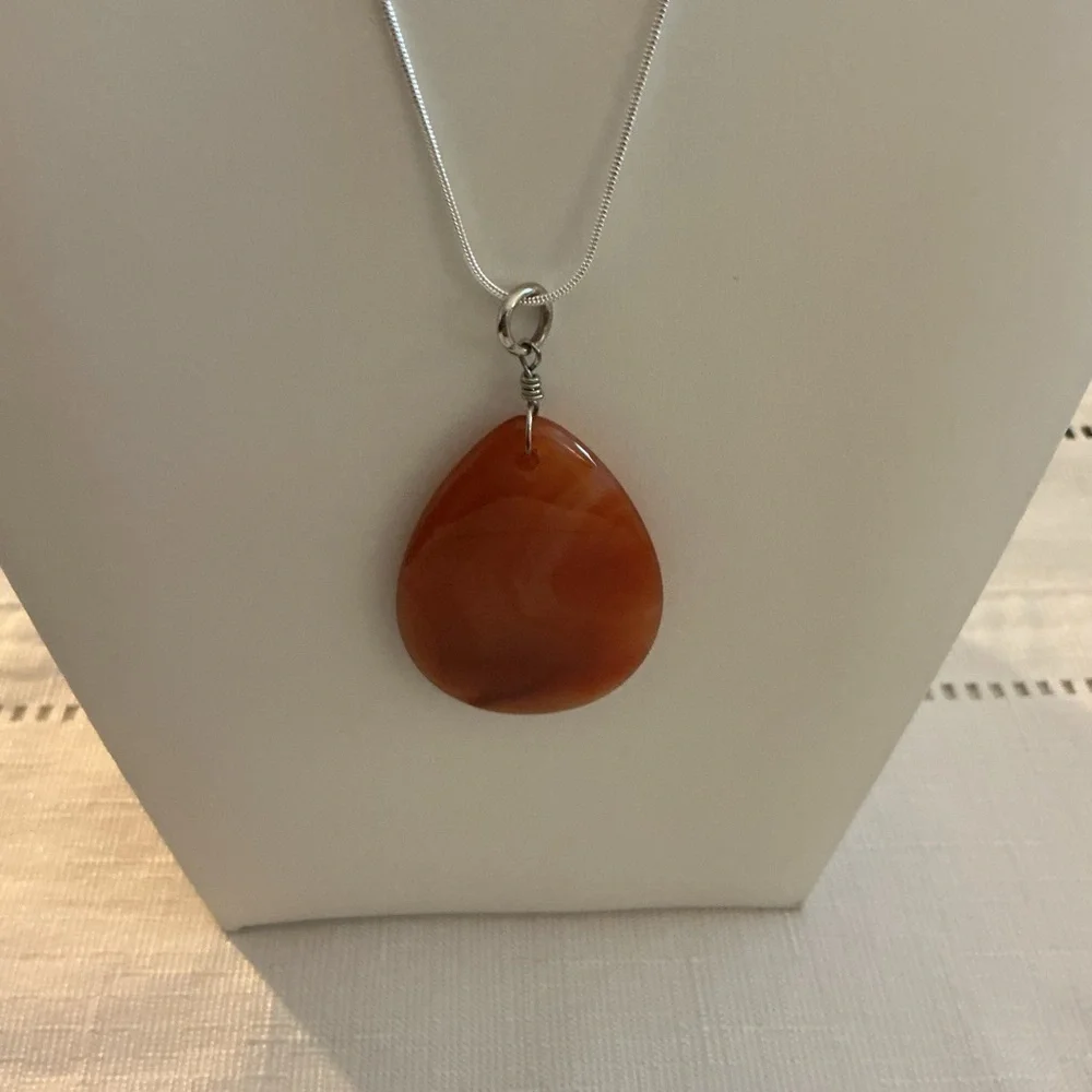 Carnelian Highly Polished Teardrop Silver Tone Pendant Necklace